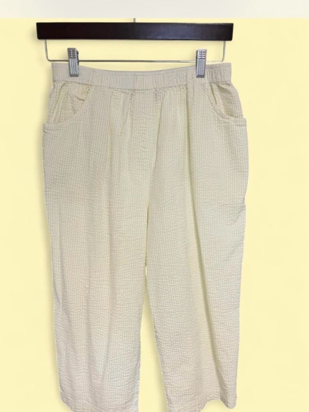 Seersucker Cropped Ankle Pant yellow and white 100% Cotton size PL
